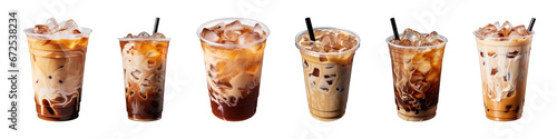 Collection of iced coffee in plastic takeaway glass isolated on a transparent background photo