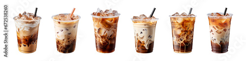 Collection of iced coffee in plastic takeaway glass isolated on a transparent background