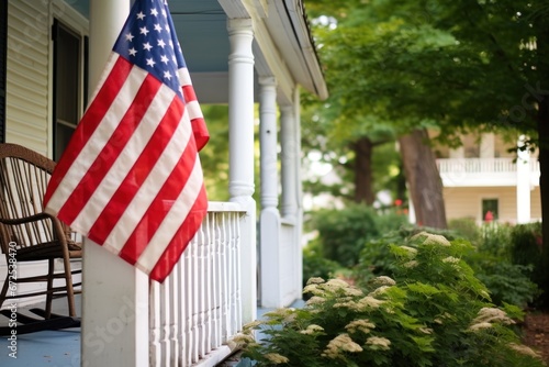 Presence of USA flag on building porch expresses patriotism reflecting love for country. USA flag on porch of house unmistakably radiates sense of patriotism signifying national allegiance