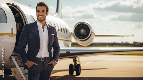 Airport business man near by plane. Young male professional hip businessman boarding jet airplane going flying on business trip. Formal male wearing suit.