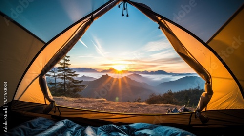 Breathtaking mountain landscape unfolds from tent revealing towering peaks and nature beauty at sunrise. Mountain landscape comes presenting with majesty of towering peaks of natural world