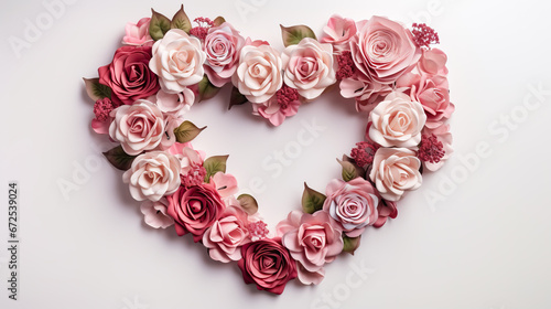 Heart shape rose wreath on white background. 