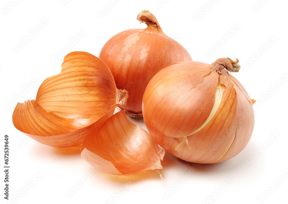 Fototapeta premium Gold onion vegetable bulbs on white background