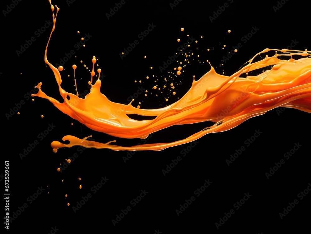 orange paint splash on black background - obrazy, fototapety, plakaty 