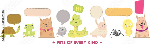 pet of every kinds cartoon design,cat,dog,rabbit,rat,snake,spider,turtle,frog vector isolated with speech bubble