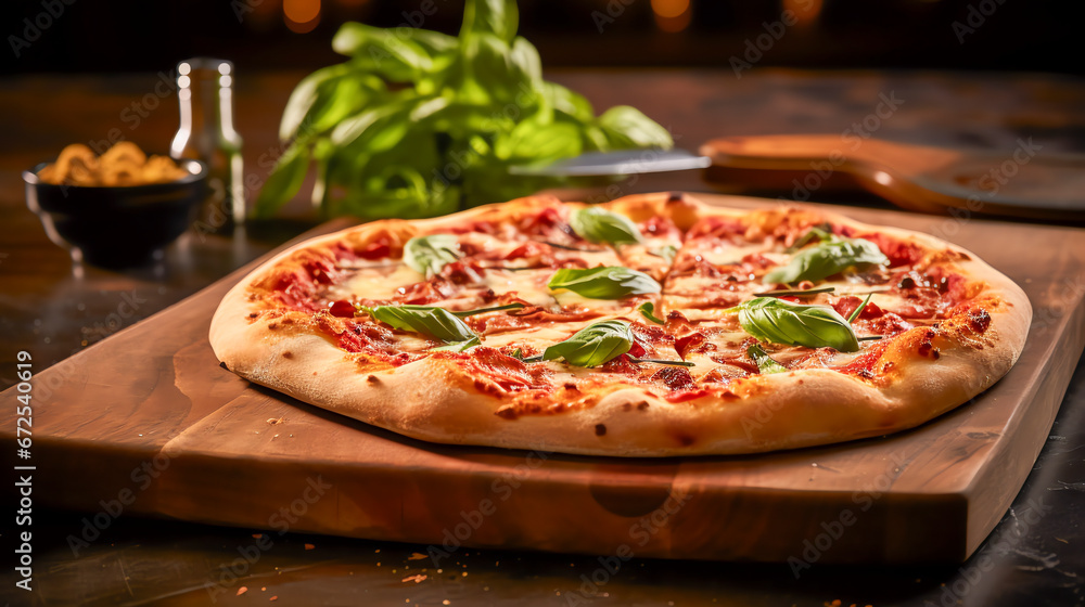 Erleben Sie die wahre Essenz Italiens mit jeder Scheibe dieser handgefertigten Pizza, präsentiert in voller Pracht auf traditionellem Holzbrett