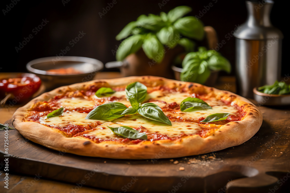 Erleben Sie die wahre Essenz Italiens mit jeder Scheibe dieser handgefertigten Pizza, präsentiert in voller Pracht auf traditionellem Holzbrett
