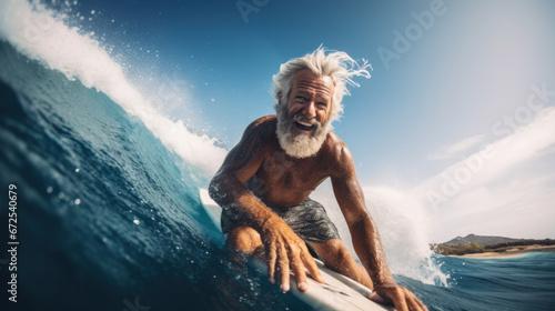 Beach, water and old man surfer swimming on summer holiday vacation in retirement with freedom in ocean. Smile, ocean and senior surfing or body boarding enjoying a healthy exercise on sea.