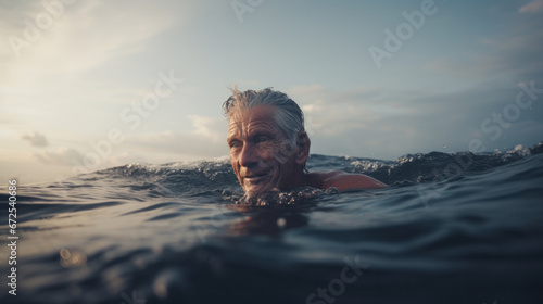 Beach, water and old man surfer swimming on summer holiday vacation in retirement with freedom in ocean. Smile, ocean and senior surfing or body boarding enjoying a healthy exercise on sea. photo