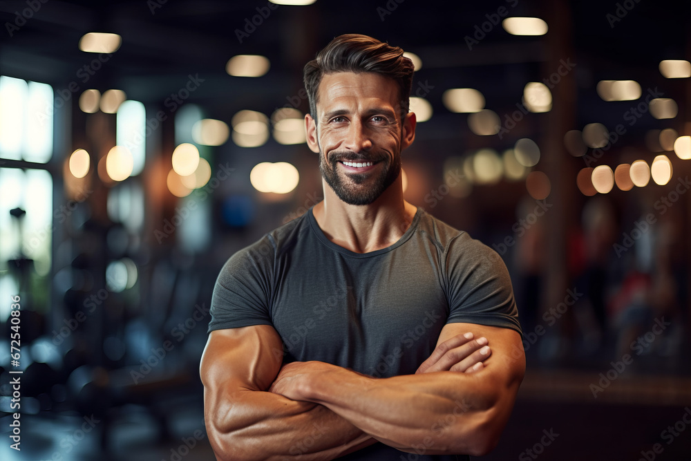 Fototapeta premium Muscular man posing in gym backdrop