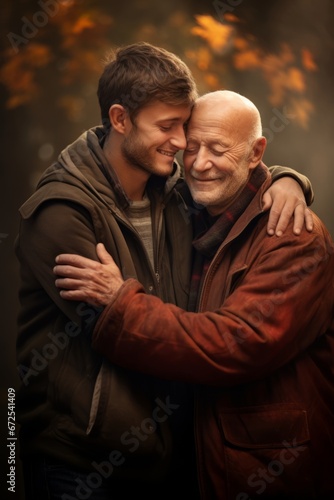 Generative AI image of a an elderly father with his back to the viewer joyfully greets his adult son with a warm embrace, cinematic, photorealistic