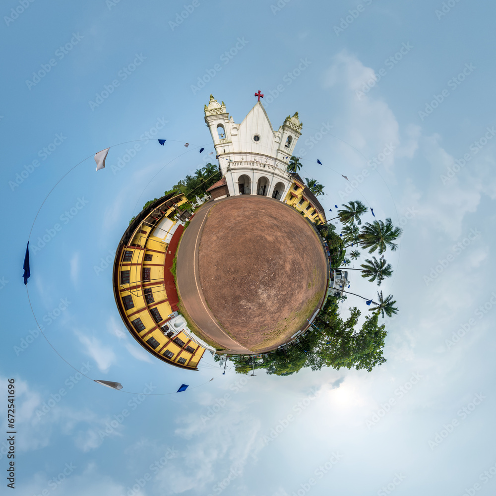 portugal catholic church in jungle among palm trees in Indian tropic village on little planet in blue sky, transformation of spherical 360 panorama. Spherical abstract view with curvature of space.