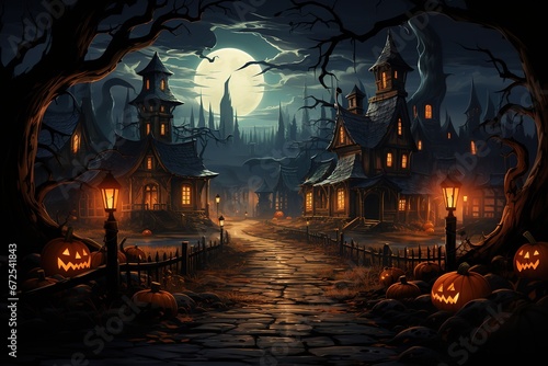 Wooden Haunted house with pumpkins. Full moon. Spooky Old house in spooky dark forest. Haunted house in the night forest. Generative Ai. 