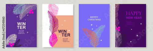 Winter Holiday Trendy Background Set with Christmas Tree Branches. Xmas Vector Templates Poster Design, Card, Banner, Flyer, Cover, Modern Brochure, Social Media, Winter Sale.
