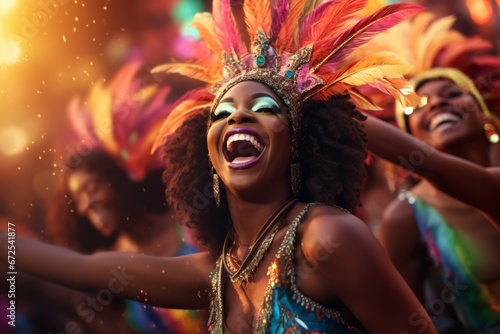 Generative AI image of a Joyful revelers in vibrant costumes dancing during a Caribbean carnival celebration