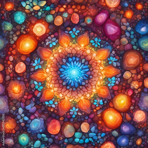 Colorful mandala with decorated stones and pebbles.