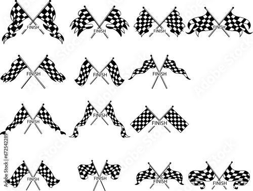 Vector black and white checkered auto racing flags and finishing tape vector set