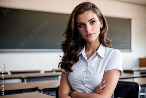 charming portrait of a beautiful schoolgirl in a classroom, exuding youthful elegance in her school uniform
