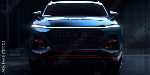 A mid sized blue tone electric city SUV that has red led running through the center line generative ai © LomaPari2021