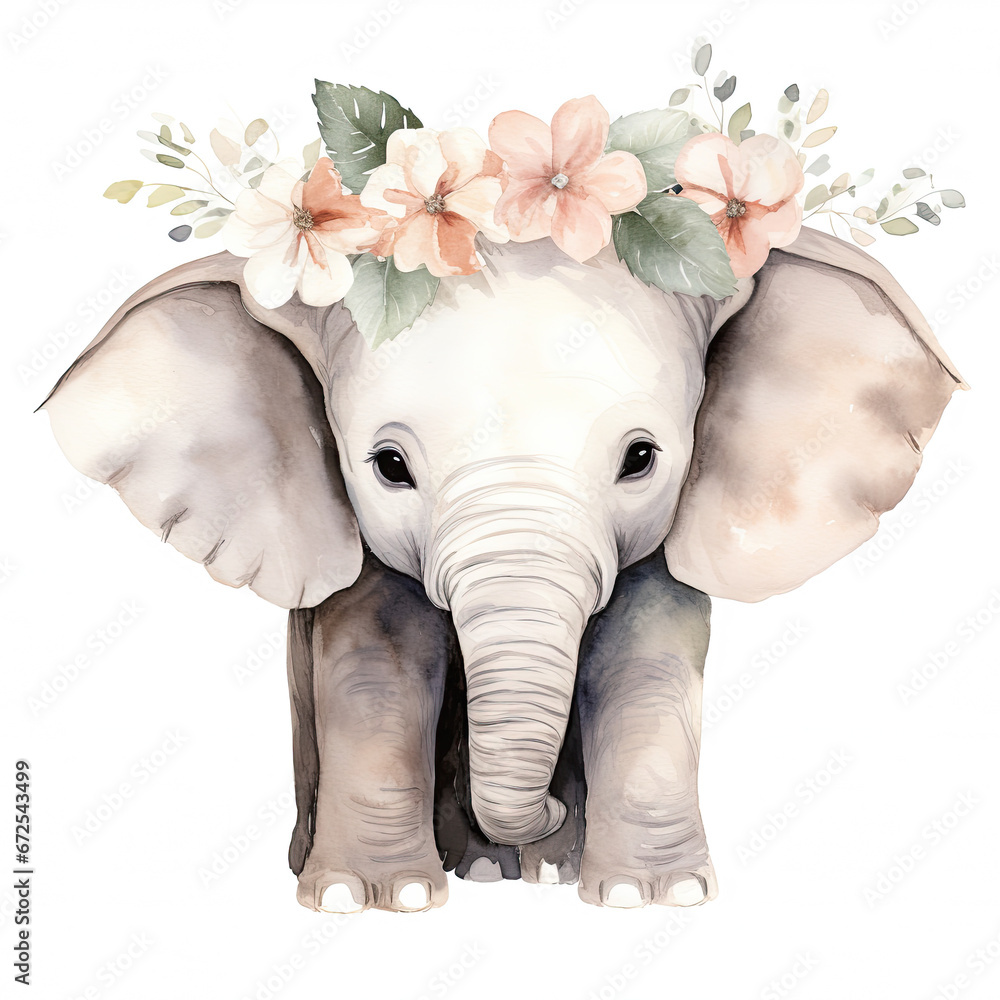 African Elephant baby animals with flower Illustration, Generative Ai