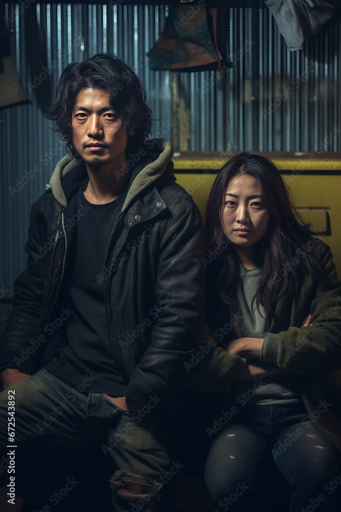 Diverse asian couple in grungy room,generative ai Diverse asian couple in grungy room,generative ai