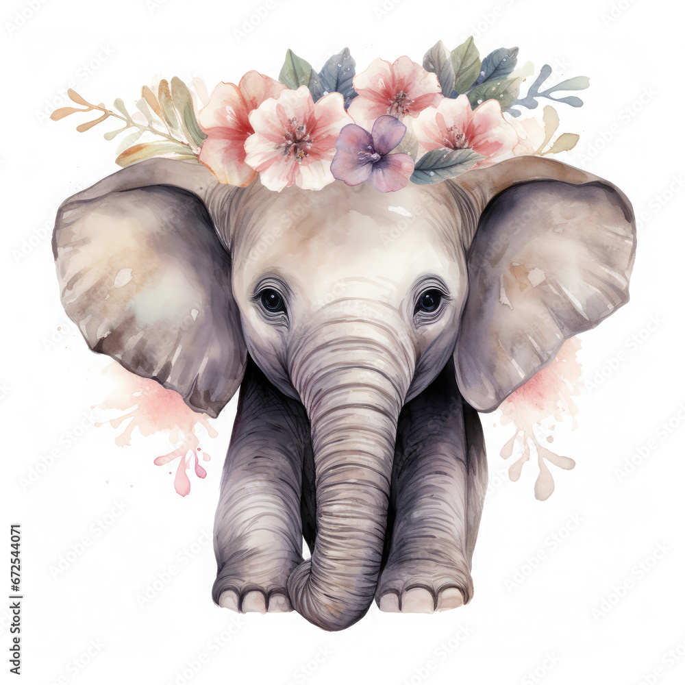 African Elephant baby animals with flower Illustration, Generative Ai