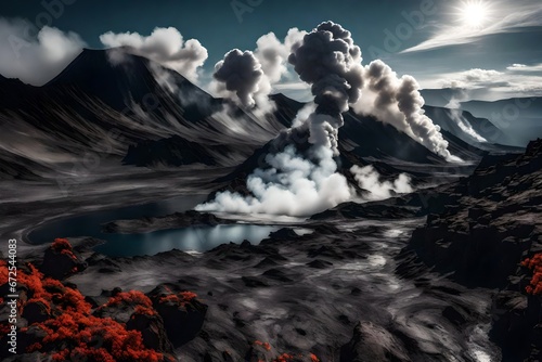 A striking volcanic terrain featuring bubbling geysers.