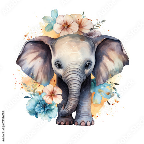 African Elephant baby animals with flower Illustration, Generative Ai