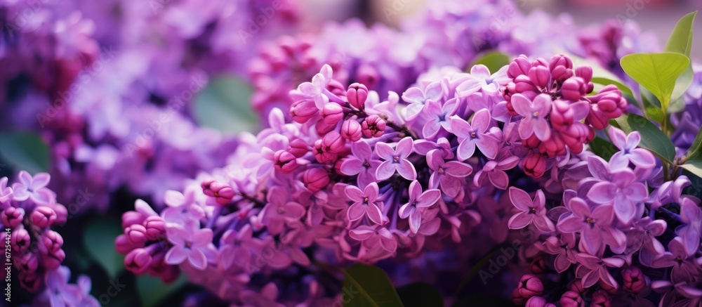 Purple lilac flowers close up forming a stunning bouquet in the city s well tended flower beds full of beautifully blossoming bushes
