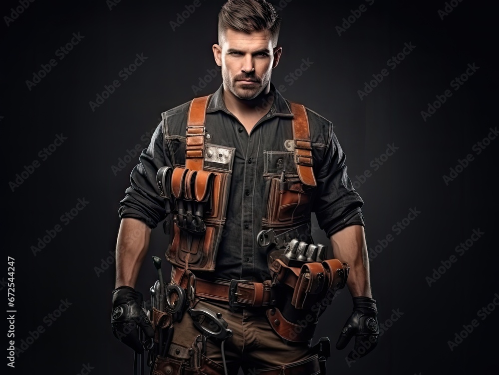 Closeup of mechanic man wearing leather belt with many tool and equipments on dark black background.