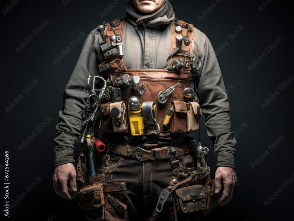 Closeup of mechanic man wearing leather belt with many tool and equipments on dark black background. Closeup of mechanic man wearing leather belt with many tool and equipments on dark black background.