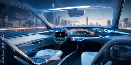 Modern blue and white car interior with smart surfaces.generative ai © LomaPari2021
