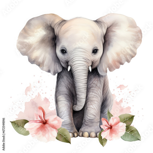 African Elephant baby animals with flower Illustration, Generative Ai