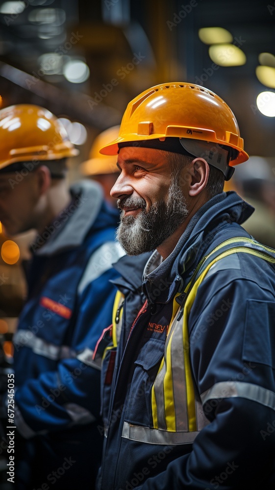 Fototapeta premium Helmet-wearing factory engineers.
