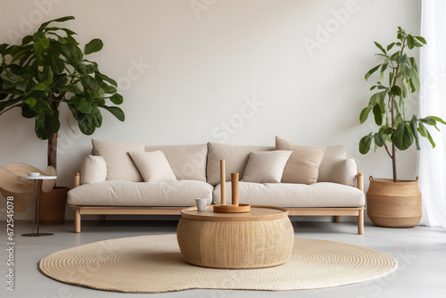 Beige velvet sofa with terracotta cushions between house plant