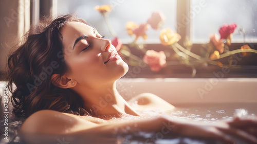 Young smiling woman breathing calmly relaxing in bath