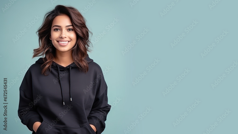 An Indian woman wearing black sweatshirt isolated on pastel background An Indian woman wearing black sweatshirt isolated on pastel background