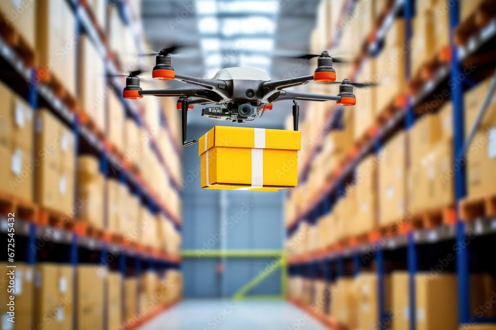Warehouse Logistics, Drone Transporting Small Parcel Indoors Warehouse Logistics, Drone Transporting Small Parcel Indoors