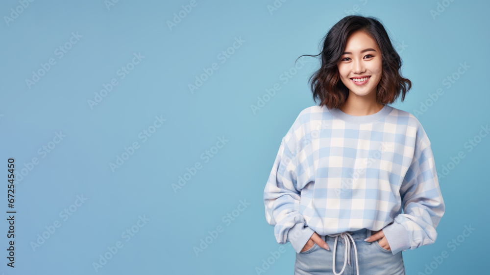 An Asian woman wearing gingham pattern sweatshirt isolated on pastel An Asian woman wearing gingham pattern sweatshirt isolated on pastel
