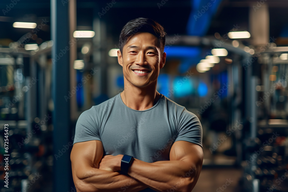 Muscular man posing in gym backdrop generative ai Muscular man posing in gym backdrop generative ai