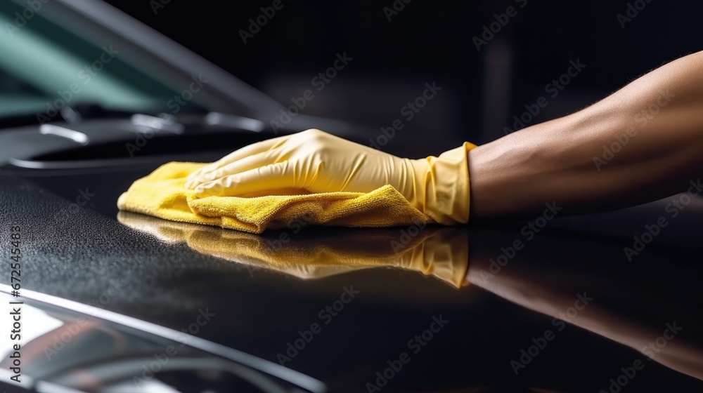 Close up hand of mechanic cleaning car engine with microfiber cloth. Auto detailing professional service.