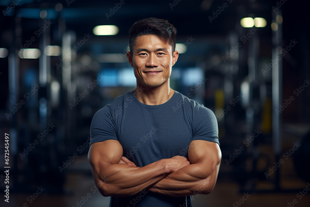 Muscular man posing in gym backdrop generative ai