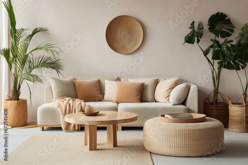 Beige velvet sofa with terracotta cushions between house plant