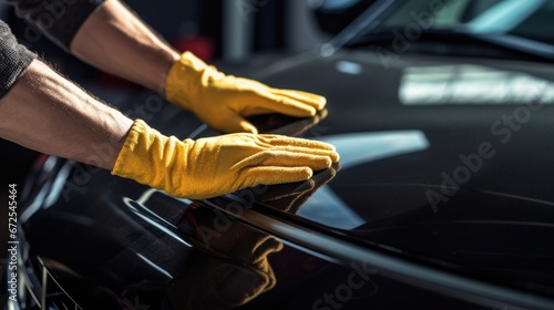 Close up hand of mechanic cleaning car engine with microfiber cloth. Auto detailing professional service. © Oulaphone