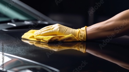 Close up hand of mechanic cleaning car engine with microfiber cloth. Auto detailing professional service. © Oulaphone
