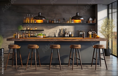 Interior of a contemporary kitchen featuring a bar with chairs, grey flooring, black and wooden walls and wooden counters .