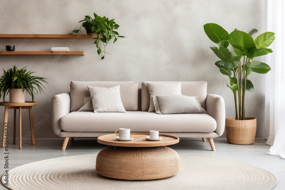 Beige velvet sofa with terracotta cushions between house plant