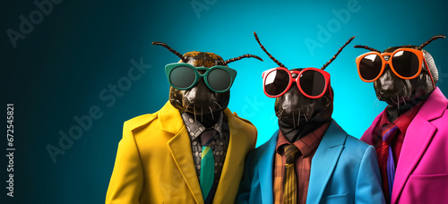 Creative animal concept. Beetle insect in a group, vibrant bright fashionable outfits isolated on solid background advertisement, copy space. birthday party invite invitation banner  © Sandra Chia