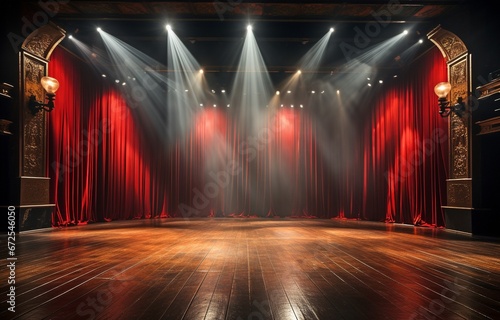 Mice, hardwood floor, and red theatre curtain with spotlight. photo