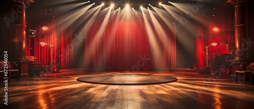Mice, hardwood floor, and red theatre curtain with spotlight. © tongpatong
